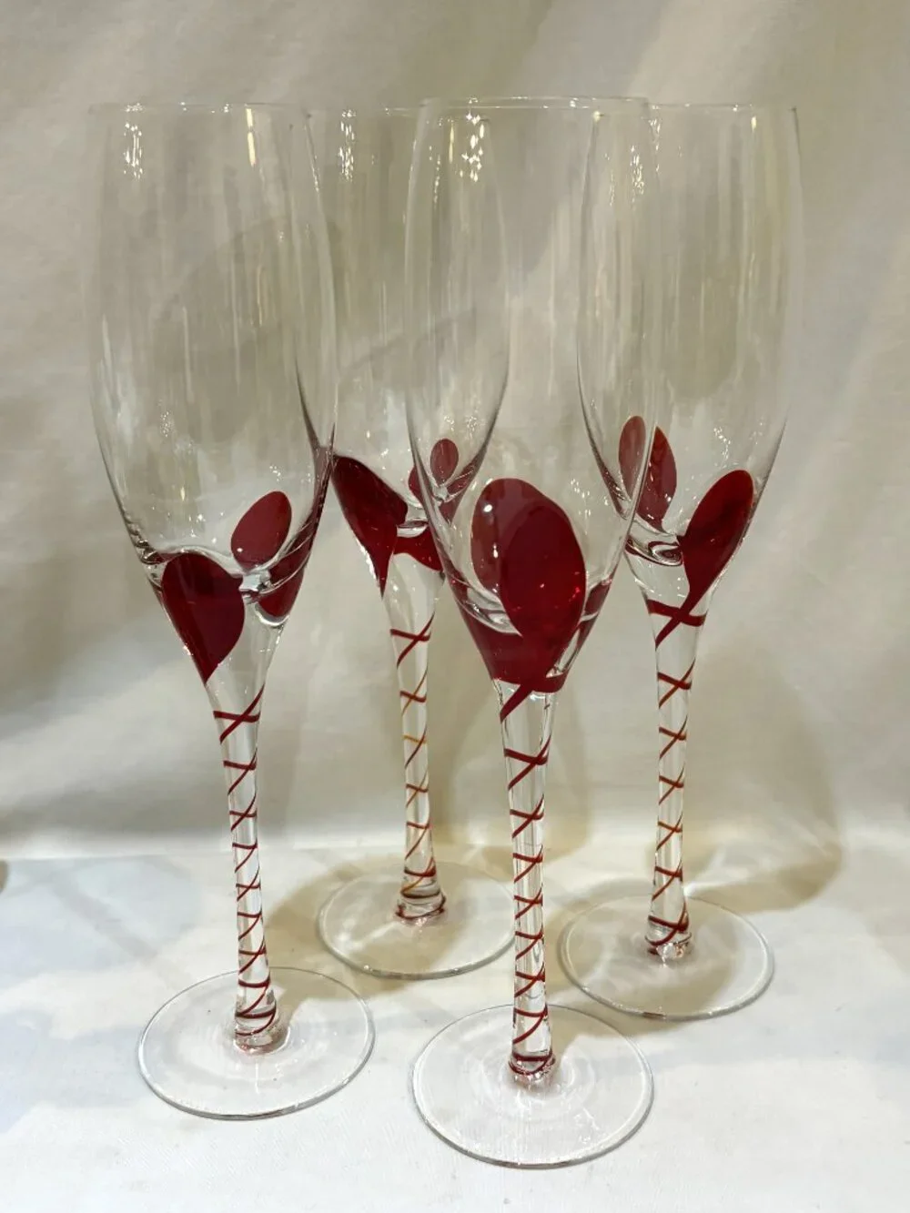 Set Of 4 Pier 1 One Red Swirled Stem Tear Drop Champagne Flute Wine Glass